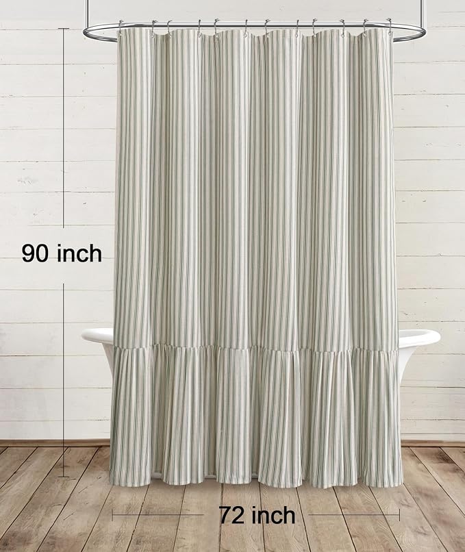 Farmhouse Shower Curtain Ruffle Linen Cream-Green Stripe 72"W x 90"L | Farmhouse Boho, Striped, Bottom Ruffle, Linen Fabric, Rustic, Country, Natural Look, Washable, for Bathroom Bathtub