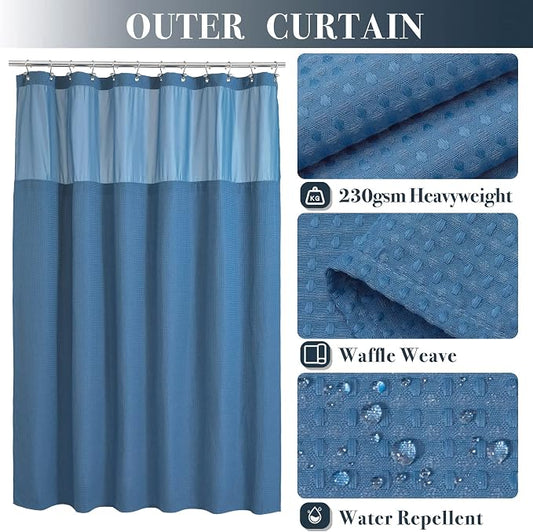 N&Y HOME Waffle Weave Shower Curtain with Snap Liner 71x72 Moonlight Blue | 12 Metal Hooks Included, Snap on Fabric Liner, Mesh Window, Washable, Hotel Style Shower Curtain Set for Bathroom