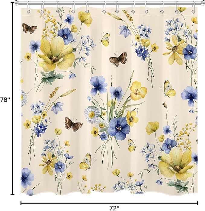 HVEST Wildflower Shower Curtain for Bathroom, Blue and Yellow Floral and Wheat with Butterfly Shower Curtain with Hook, Country Daisy Flower on Beige Shower Curtain Set Bathroom Decor, 72X78 inch