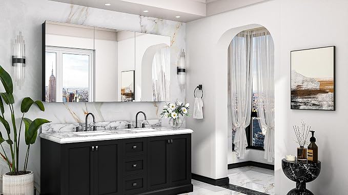 Keonjinn 60" x 32" Black Medicine Cabinet Mirror, Freely Adjustable Shelves | Assembly Needed, Lightweight Aluminum Frame, Surface Mount or Recessed, Soft Close, 3 Doors, Oversized Medicine Cabinet