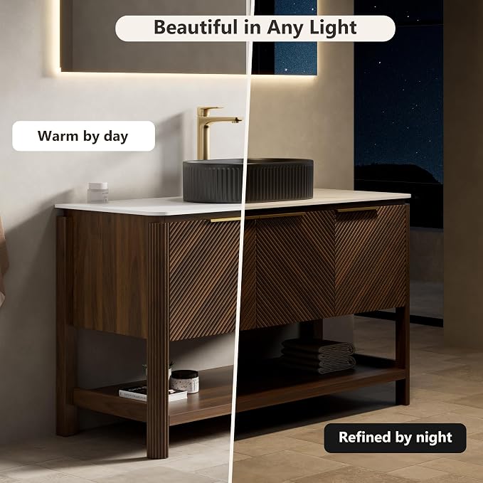 Yayzy 48 Inch Bathroom Vanity with Sink, Freestanding Dark Walnut Bathroom Cabinet, Matte Black Oval Vessel Sink, Carrara White Sintered Stone Countertop, Soft Close Doors, Open Storage Shelf