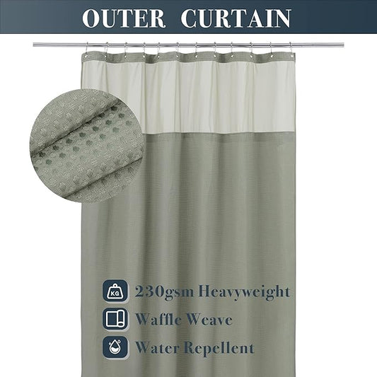 N&Y HOME Waffle Weave Shower Curtain with Snap-in Liner Sage Green, 71x72 | 12 Metal Hooks Included, Snap on Fabric Liner, Mesh Window, Washable, Hotel Style Sage Shower Curtain Set for Bathroom