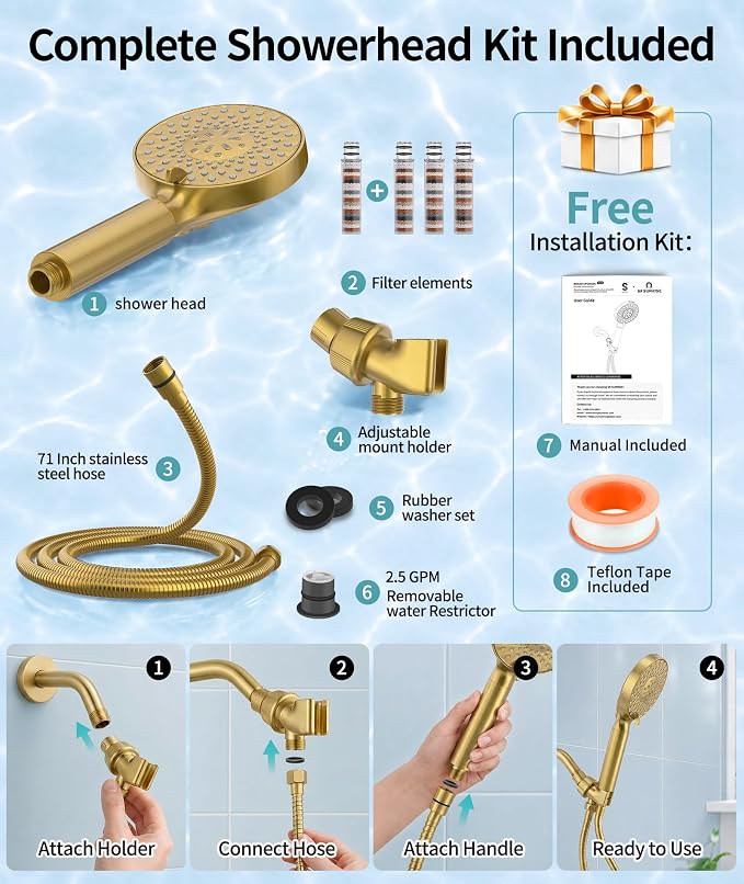 SR SUN RISE Filtered Shower Head with Handheld High Pressure 9 Spray Mode Showerhead Detachable Shower Head Water Softener Filters Beads for Hard Water Remove Chlorine 4 Filters Brushed Gold