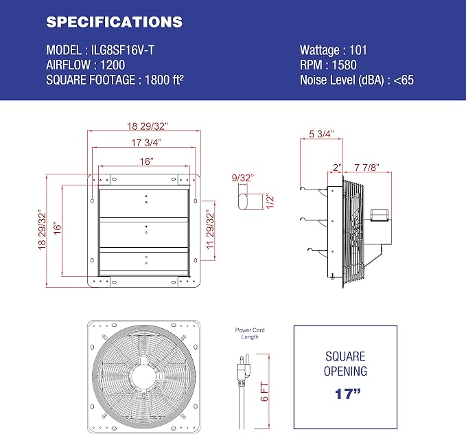 Iliving ILG8SF16V-T Wall-Mount Shutter Exhaust Fan, 16" - Variable Speed, Silver