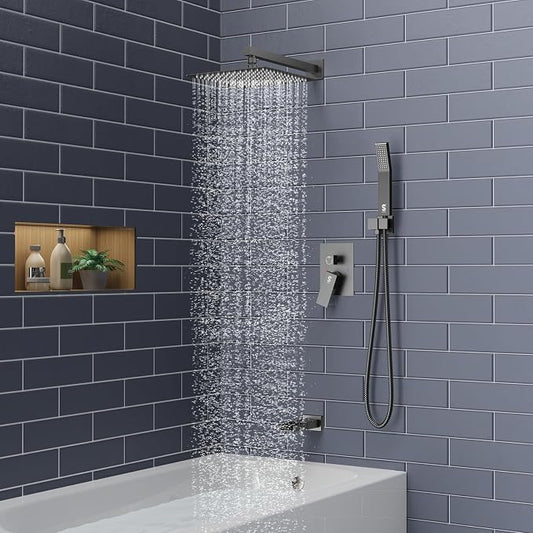 SR SUN RISE 12 Inch All Metal Square Shower System with Tub Spout, Tub Shower Faucet Set, High Pressure Rain Shower Head and Handheld Sprayer Shower Fixtues, Valve Included, Matte Black