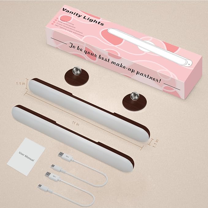 Benreom 2 Pack Rechargeable Vanity Lights for Mirror, Dark Wood | 4000mAh Battery, Touch Dimming, 3 Color Modes and 360° Adjustable Magnetic Design for Makeup Mirrors and Bathrooms