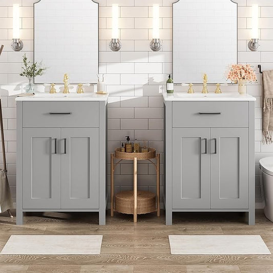 48" Bathroom Vanity Set with Double Sink, Harper & Bright Designs Free Standing Single Basin Vanity Set with 2 Soft-Close Doors and Drawer, Wooden Storage Cabinet with Ceramic Basin for Bathroom, Grey