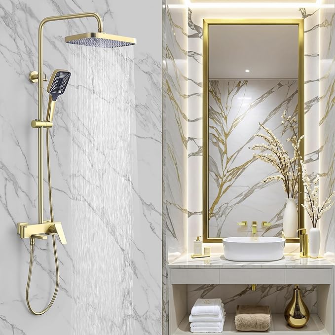 Shower Systems with 12 x8 Inches Rain Shower Head,Brushed Gold Exposed Pipe Shower System,3 Functions Tub Shower Faucet Sets,Overhead Shower System with Handheld