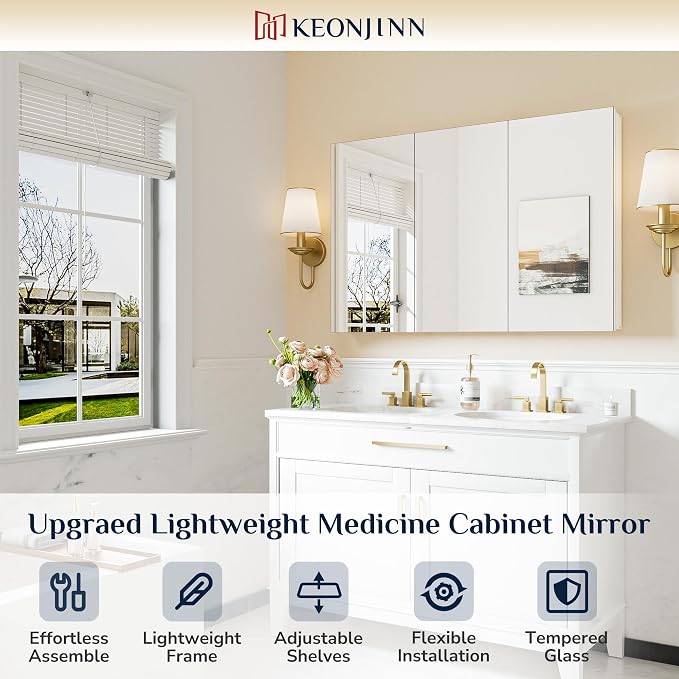 Keonjinn 48" x 32" Large Medicine Cabinet Mirror, Freely Adjustable Shelves | Assembly Required, Aluminum Framework, Tempered Glass, Soft Closing, Recessed or Wall Mount, White Medicine Cabinets