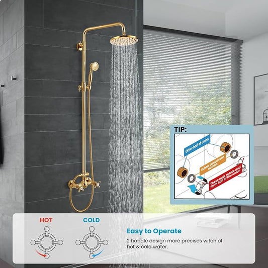 gotonovo Exposed Shower System 8’’ Head with Handheld Polished Gold | Brass Exposed Bathroom Shower Faucet Set Fixture,6’’ Hole Distance,2 Cross Handle,Adjustable Height,Wall Mount Indoor/Outdoor