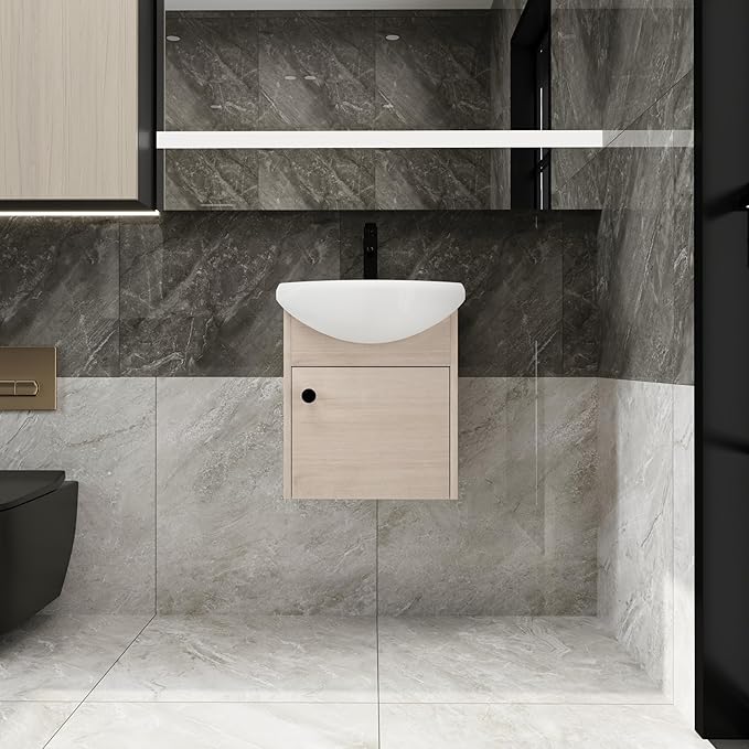 18" Floating Bathroom Vanity with Sink, 18inch Wall Mounted for Small Bathrooms, Soft-Close Door Cabinet with White Ceramic Basin & Waterproof Plywood, Modern Space Saving Vanity, 02318PLO