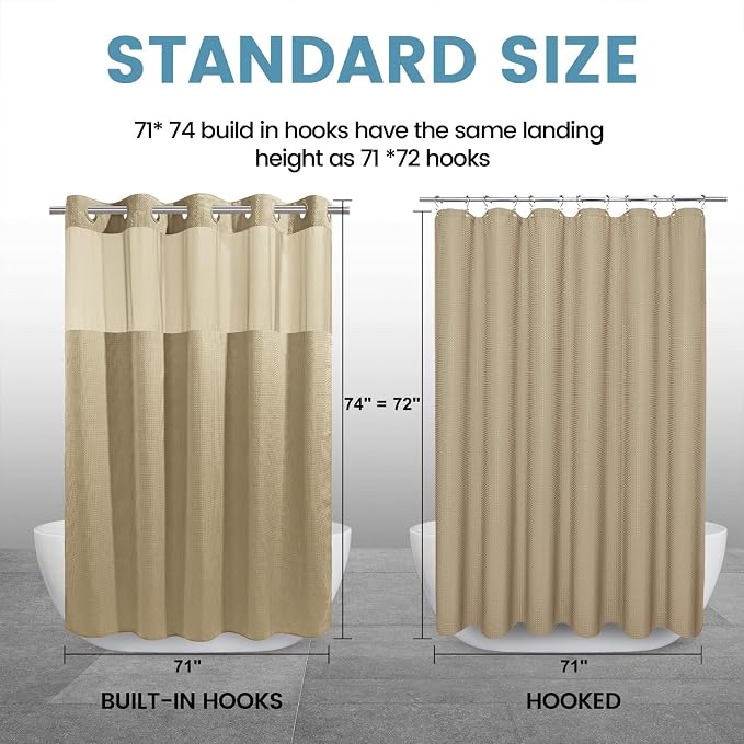 EUTXL Heavyweight Waffle No Hook Shower Curtain with Liner, Beige, 71x74 | Snap in Liner, 256GSM, Thick, Hotel Luxury Spa, Waterproof Fabric, Corner Magnets, 3 in 1 Set, Washable, Hang in Seconds