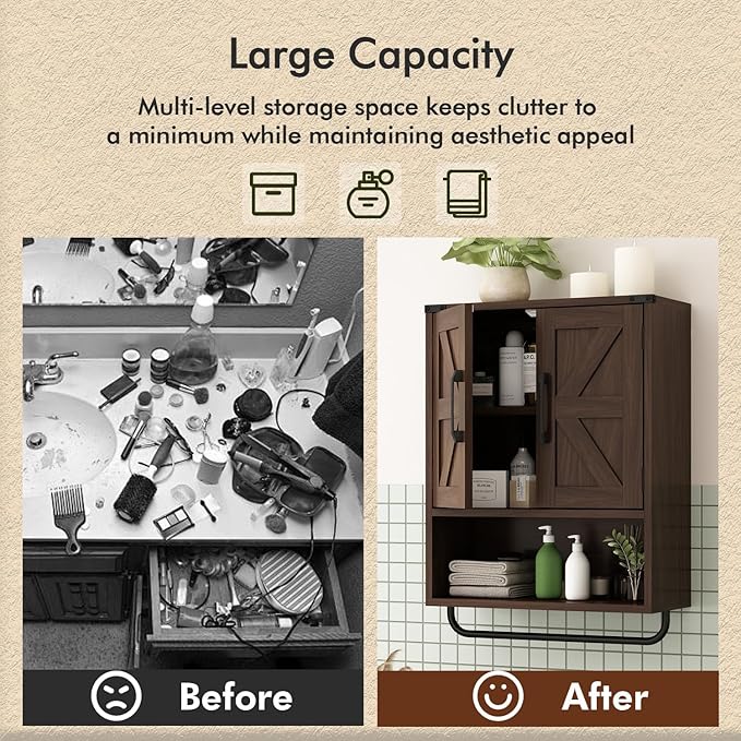 RUSTOWN Farmhouse Wall Storage Cabinet with Two Barn Door, Rustic Mounted Medicine Cabinet with Adjustable Shelf and Towel Bar, 3-Tier Wood Cabinet for Kitchen, Bathroom, Living Room (Dark Walnut)