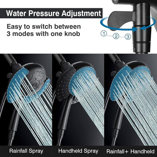 2 in 1 Shower Head with Handheld Combo High Pressure Black 2.5 GPM | 7.2" Rain Showerhead and 10 Spray Hand Held Shower, Adjustable Shower Angle, 59-inch Rotatable Stainless Steel Hose