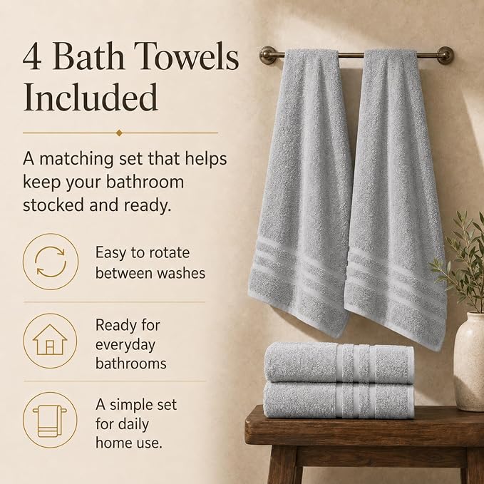 Velqora Bath Towels, 4 Pack, 30x60 in, 100% Cotton, Soft, Light Gray | Absorbent Terry | Balanced Weight | Easy Care