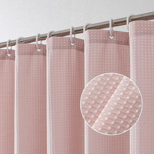 OVZME Stall Fabric Shower Curtain Set - 36x72, Waffle Weave 230GSM Heavy Duty Small Shower Curtains for Narrow Stall Size, Machine Washable Bath Curtain with 12 Plastic Hooks, 36x72, Blush Pink