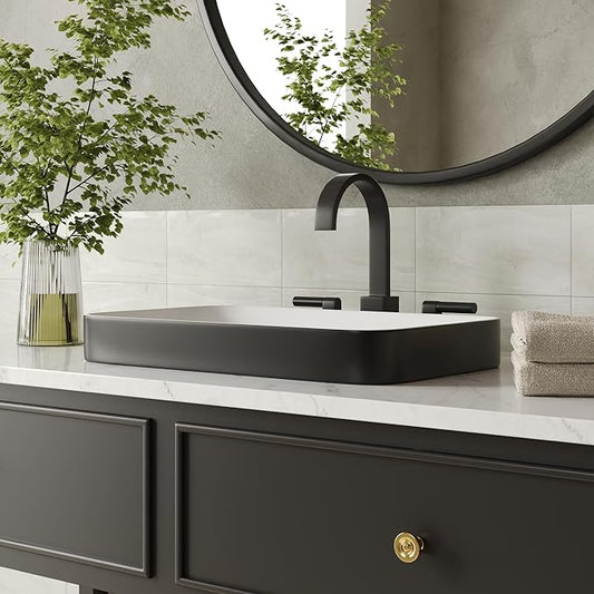 DeerValley Vessel Sink Rectangle, Black & White Semi Recessed Bathroom Sinks, 18.9"x11.61" Modern Rectangular Top Counter Bathroom Sink Porcelain Ceramic Lavatory Sink Bowl Art Basin DV-1V0233