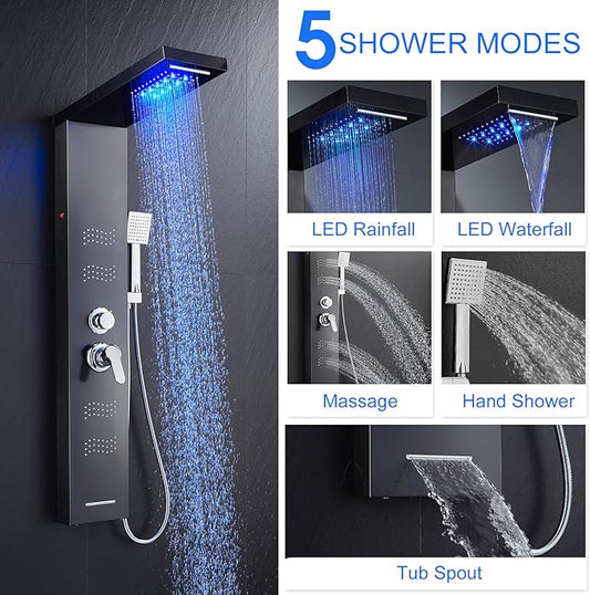 Stainless Steel Shower Panel Tower System with LED Lights, 5 in 1 Shower Panel with Rainfall Waterfall Shower Head, Body Spray, Handheld Shower, Tub Spout (Black)
