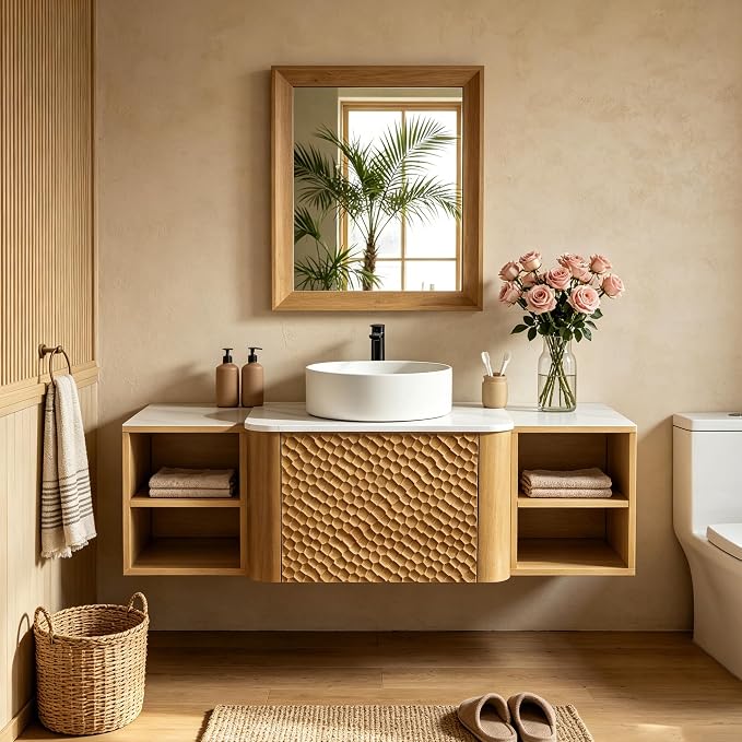 48 Inch Modern Bathroom Vanity with Ceramic Sink, Floating Bathroom Sink Cabinet with Sintered Stone Top&Solid Wood Hammered Frame, Single Bathroom Vanities w/Soft-Close Drawer&2 Side Open Cube