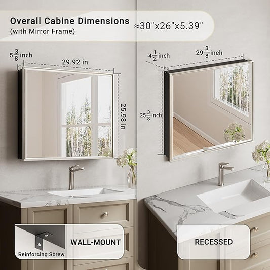 30x26 Pre-Assembled Bathroom Medicine Cabinet Mirror, Surface or Recessed Brushed Nickel Medicine Cabinet with Mirror & Rustproof Aluminum Frame, Beveled Bathroom Vanity Mirror with Storage