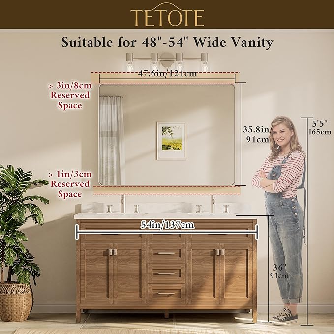 48 x 36 Inch Gold Bathroom Mirror, Champagne Gold Brushed Metal Framed Modern Vanity Mirror, Brushed Brass Rectangle Decorative Wall Mirrors Shatterproof (Horizontal/Vertical)