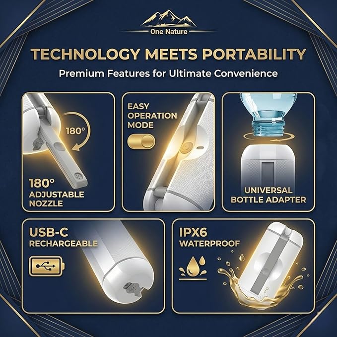 Travel Bidet, Portable Bidet Sprayer for Travel ONE NATURE 500mL IPX6 Waterproof Electric High Pressure Handheld Bidet Sprayer USB-C Rechargeable for Women Men Baby Bidet Peri Bottle Postpartum Clean