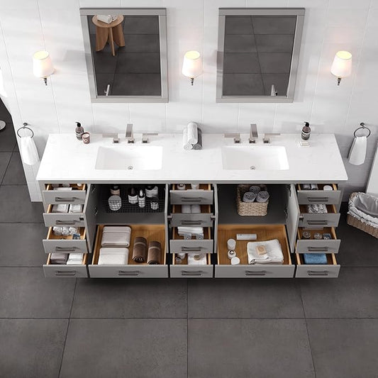Eviva Aberdeen 96 in. Gray Double Sink Bath Vanity with Carrara Quartz Top and Undermount Porcelain Sinks