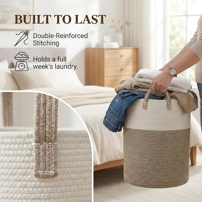 JMvicyroam 80L Cotton Rope Laundry Basket Hamper, Brown | Collapsible Laundry Basket, Reinforced Handles, Freestanding, Machine Washable, Holds 3-5 Thick Blankets, Clothes or Toys