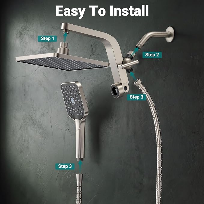 12" XXL Rainfall Shower Head with Handheld Combo Set, Nickel Brushed | High Pressure, Magnetic Docking, Air-Infusion Tech, Anti-Leak One-Piece Design, Dual Square Showerhead