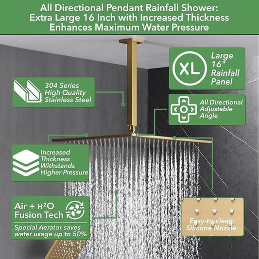 VANFOXLE Shower System, Brushed Gold Shower Faucet Set, Push Button Valve | 16 Inch Ceiling Mount Rain Head, 6 Inch Wall Mount Head, 2-in-1 Handheld Sprayer, Solid Brass Valve, Rust Resistant