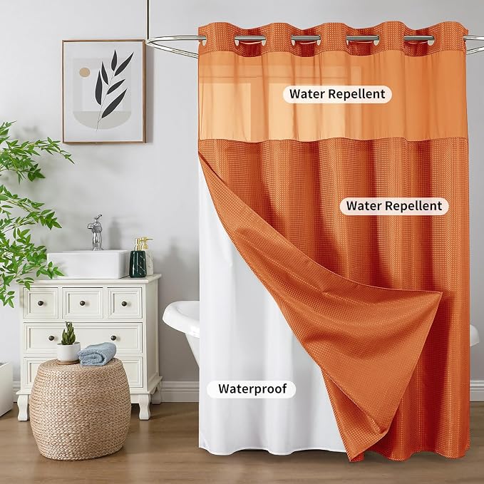 Colorful Star Burnt Orange No Hook Waffle Shower Curtain Set, 72 x 75 Inch | Waterproof Shower Curtain with Snap in Fabric Liner and Mesh Top Window, Hotel Style Heavy Duty Thick Bathroom Curtain