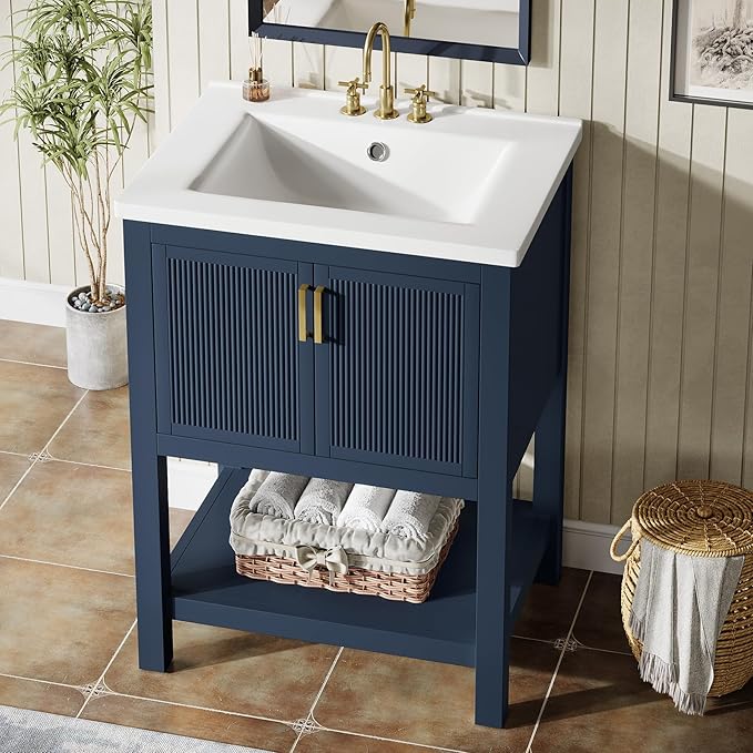 Tribesigns 24" Modern Bathroom Vanity with Sink, Solid Wooden Frame Freestanding Bathroom Vanities Cabinet Combo, Bathroom Sink Cabinet with 2 Doors and 1 Drawer, Navy Blue