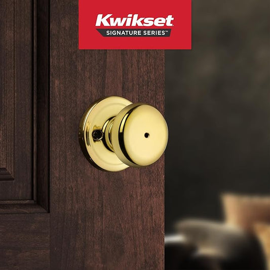 Kwikset Juno Interior Privacy Door Knob with Lock, Door Handle for Bathroom and Bedroom, Polished Brass Keyless Turn Lock Doorknob (Pack of 2)