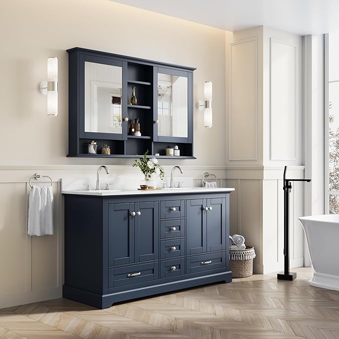 WELLFOR 60" Bathroom Vanity with Double Sinks, Bathroom Freestanding Vanity W/4 Soft-Close Doors and 6 Drawers, Large Storage Space Vanity, Bathroom Vanity with Cultured Marble Countertop (Navy Blue)