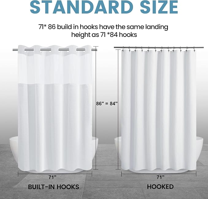 EUTXL Heavyweight No Hook Shower Curtain with Liner, White,71x86 | Snap in Liner, 256GSM Thick Waffle Fabric, Hotel Luxury Spa, Corner Magnets, Quick Dry, Waterproof & Washable, Extra Long