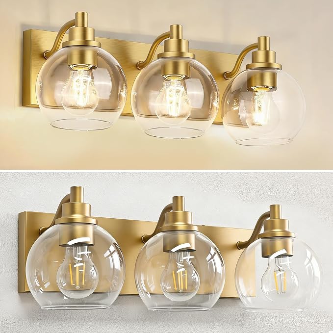 IZORRO Bathroom Light Fixtures, 3-Light Brushed Gold Vanity Light, Modern Wall Sconces with Globe Clear Glass Shade, Vanity Lighting Fixtures Over Mirror,E26 Bulb Socket