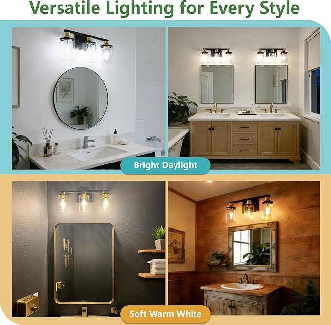 Bathroom Light Fixtures, 3-Light Black and Gold Bathroom Lights Over Mirror with Clear Glass Shade,Vanity Lights for Bathroom Hallway Bedroom Living Room, ETL Listed