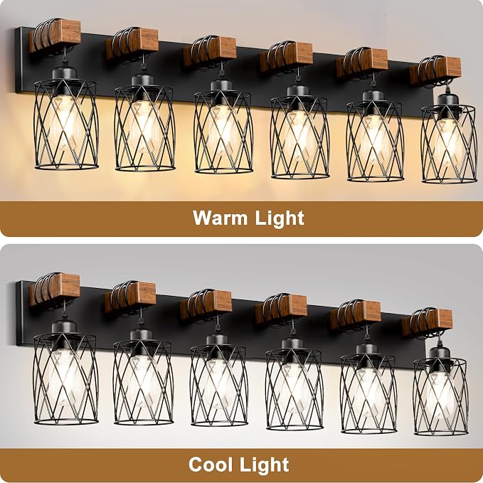 IZORRO Farmhouse Bathroom Vanity Light, 6-Light Wood Bathroom Light Fixtures Over Mirror, Black Industrial Vanity Lights with Metal Shade, Rustic Restroom Lighting Fixtures