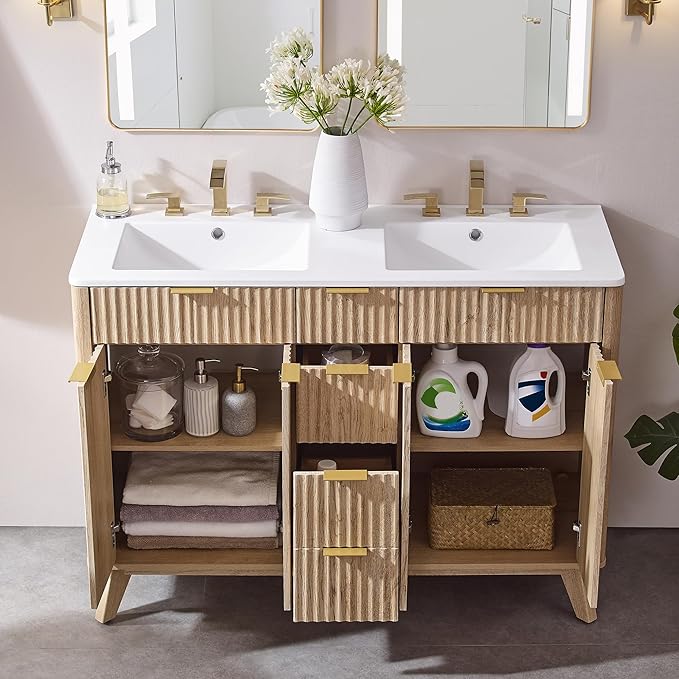 T4TREAM 48" Fluted Bathroom Vanity with Resin Sink Combo,Freestanding Modern Bathroom Storage Vanity Cabinet with Soft Closing Doors & 2 Drawers,Wood Grain Texture,Metal Handle,Natural Oak