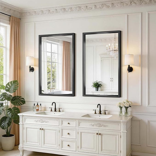 Bathroom Mirror, 42 x 24 Inch Brushed Black Rectangle Mirror, 0.6" Thickened Deep Frame Vanity Mirrors for Bathroom Sink, Shatterproof Tempered Glass, Antirust, Horizontally or Vertically