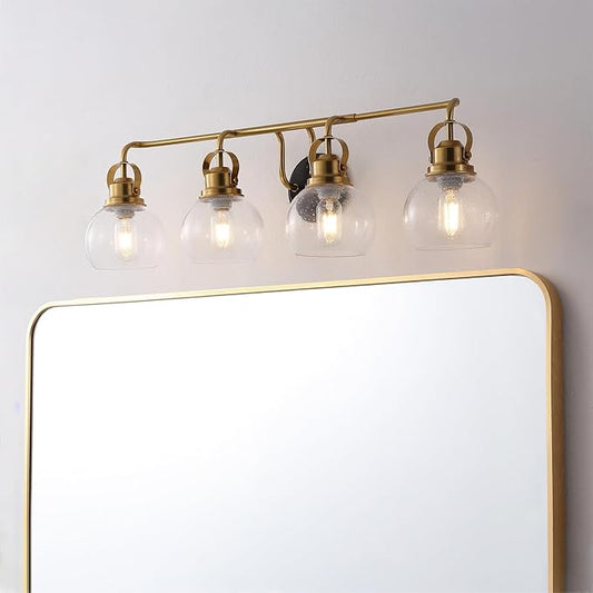 JONATHAN Y 34" Brass Gold/Oil Rubbed Bronze Shirley 4-Light Bathroom Vanity Light, Metal Wall Sconce, Clear Seeded Glass Shade, Modern Transitional Farmhouse Fixture, LED Bulbs Included (JYL7406B)