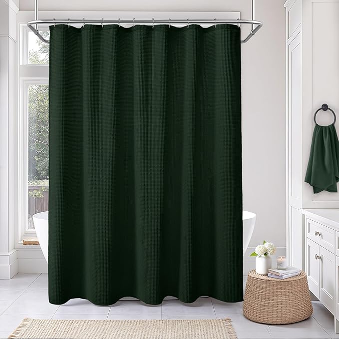 Extra Long Waffle Shower Curtain - Dark Green Cotton Texture Fabric Heavyweight Shower Curtains for Bathroom,72Wx84L