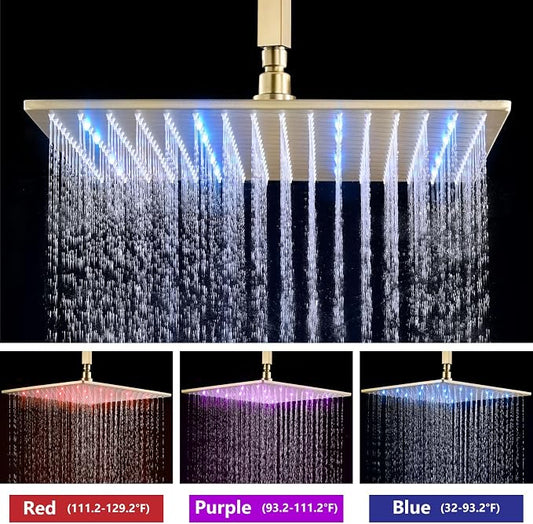 Aolemi Ceiling Shower Faucet Set with Handheld 16" LED Head Brushed Gold | Handheld Spray,16 Inch Rain LED Head,Shower Valve and Trim Kit,All Metal,Ceiling System,Bathroom Mixer