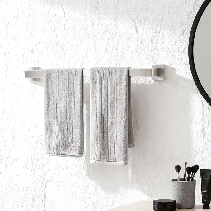 23.6 Inches Brushed Nickel Bathroom Towel Bar Set, 2-Piece Square Wall Mounted Towel Rack, Wall Mounted 304 Stainless Steel Towel Holder for Bathroom