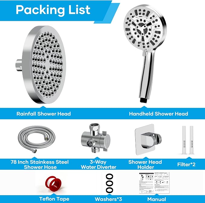 Shower Head with Handheld Spray Combo, Dual Rain Shower Head | High Pressure Performance, 10-Mode Spray Options, Replaceable Filter, Flexible 67" Hose, Durable Chrome Finish