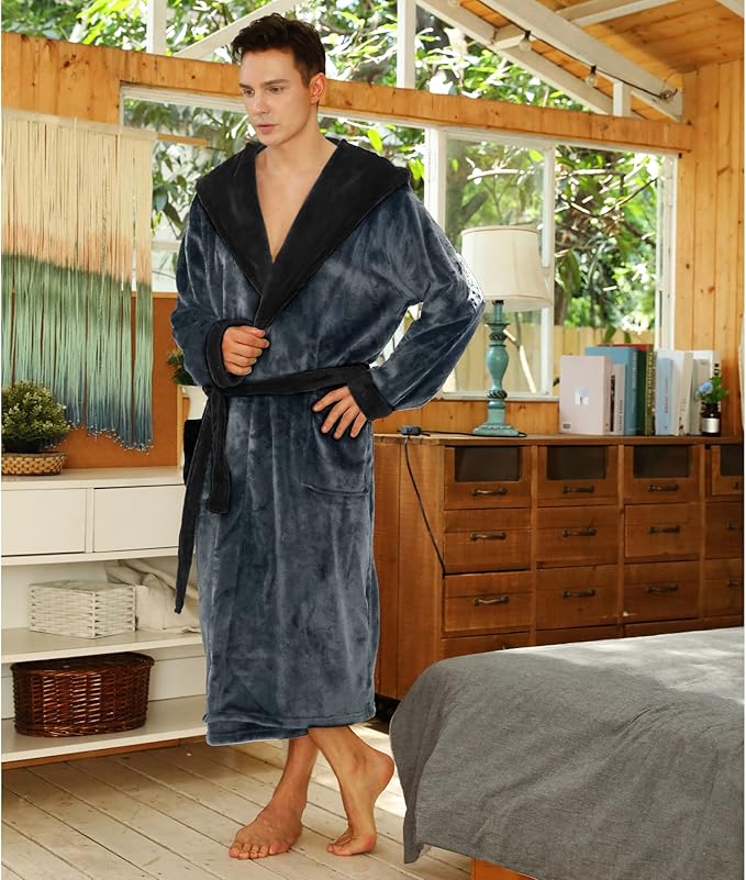 U2SKIIN Mens Hooded Robe, Plush Robes for Men Long Fleece Bathrobe