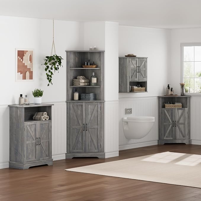 Smuxee Farmhouse Bathroom Cabinet Wall Mounted, Washed Grey Small Medicine Cabinet with Adjustable Shelf, Bathroom Cabinet for Living Room, Laundry Room