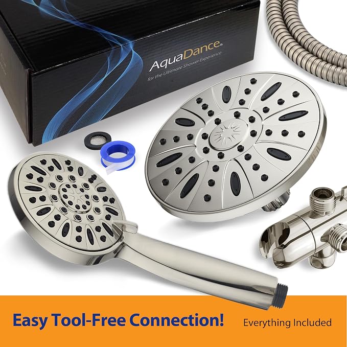 AquaDance 7" Premium High Pressure 3-way Rain & Handheld Shower Head Combo | Enjoy Luxury 7-inch Showerhead & 6-mode Hand Shower Separately or Together! Premium Stainless Steel Hose - Nickel