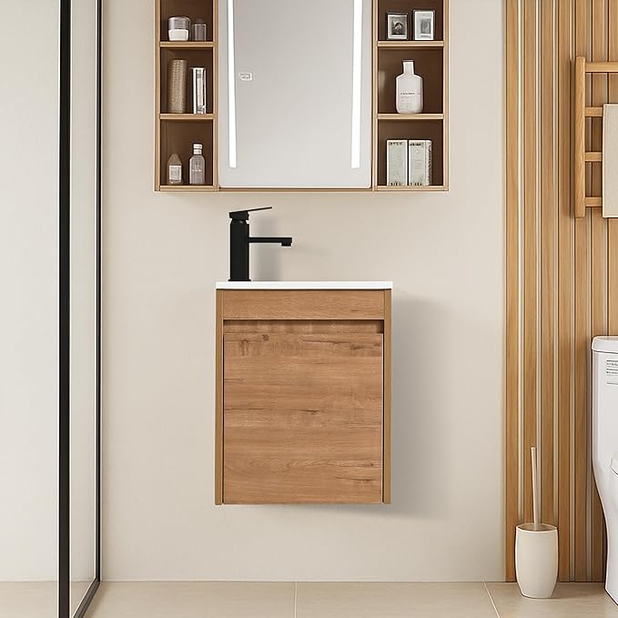 16" Bathroom Vanity Sink Combo for Small Space, Wall Mounted Bathroom Cabinet Set with White Resin Basin Sink Top Black Faucet Pop Up Drain Nature