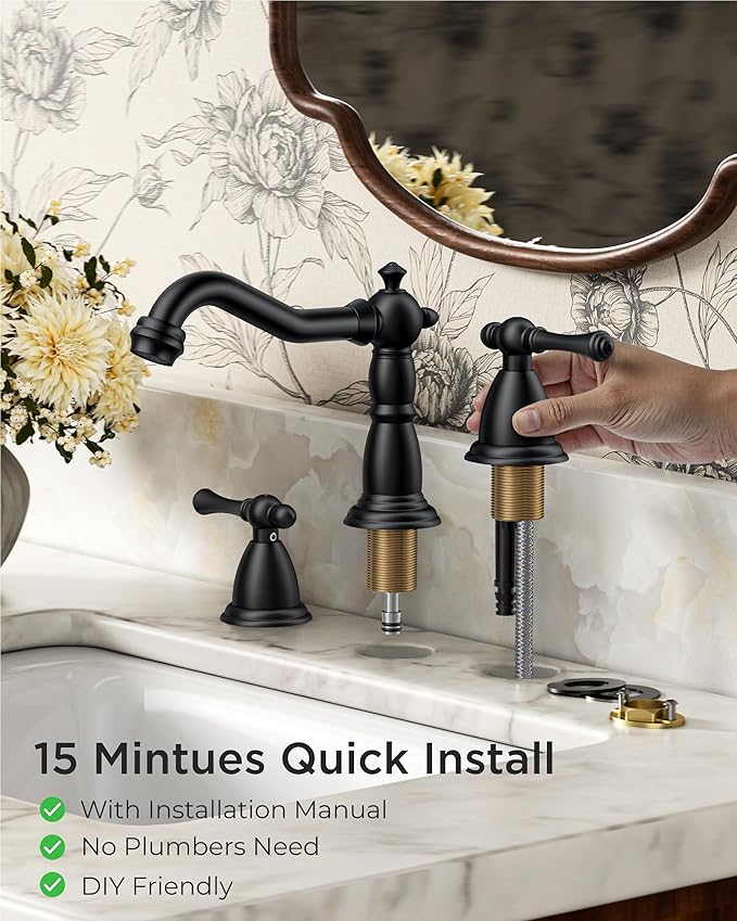 FORIOUS Bathroom Sink Faucet 3 Hole Vintage 8 inch Widespread Matte Black | 6-12 inch 3-hole Install, 2 Lever Handle Antique Bathroom Sink Faucet for Vanity RV Farmhouse with Drain and Supply Lines